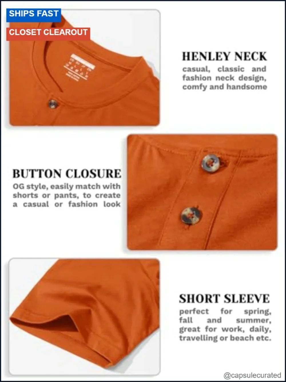Men's Henley Short Sleeve Shirt Moisture Wicking Lightweight Cotton T-Shirt